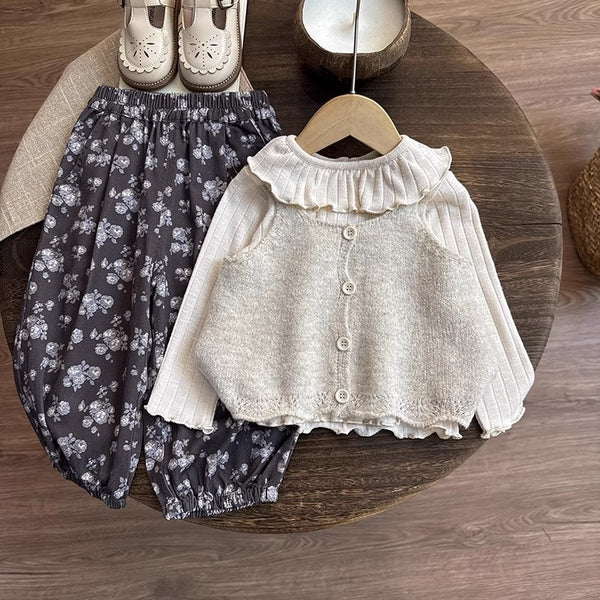 Girls' Autumn New Top Vest Floral Wide-leg Pants Three-piece Set