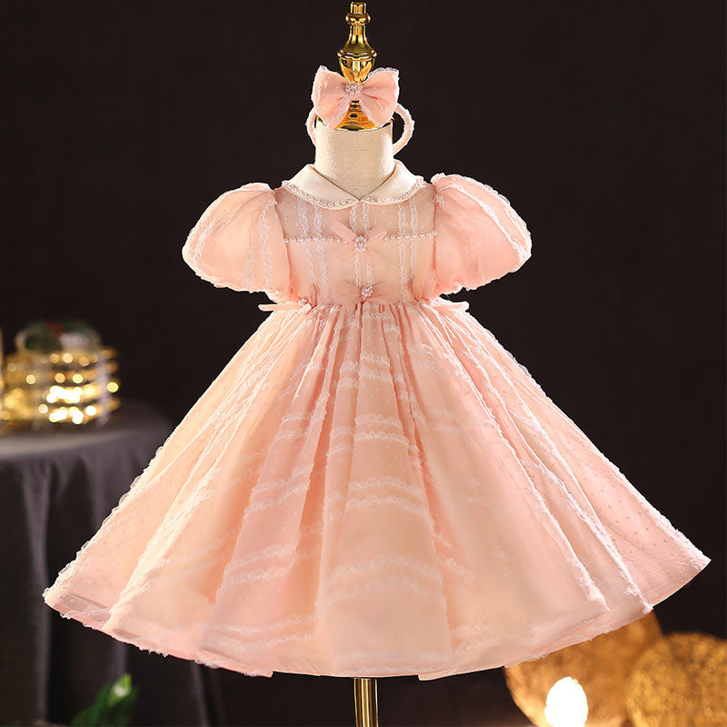 Sweet Baby Pink Puff Sleeve Doll Collar Princess Dress Toddler Bow Flower Girl Dress