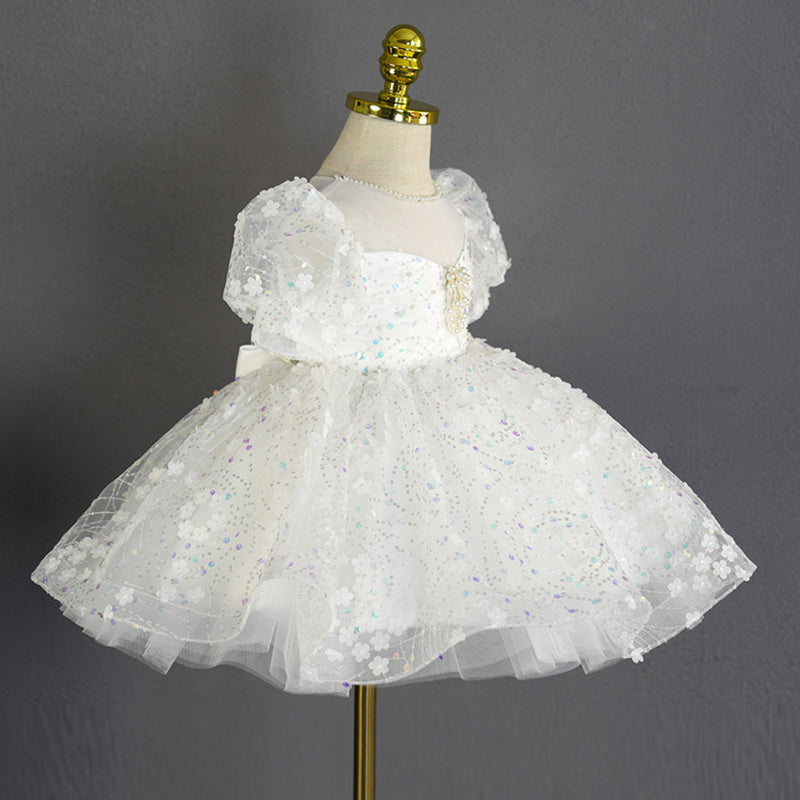 Elegant Baby White Sequined Mesh Puffy Princess Dress Toddler Christening Dresses