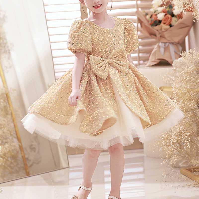 Cute Girls Gold Sequined Piano Performance Birthday Party Princess Dress