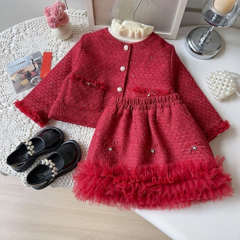 New Girls' Winter Christmas Coat Skirt Two-piece Set