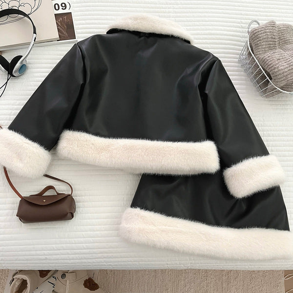 Winter Girls' Plush Patchwork Leather Jacket and Skirt Two-Piece Set