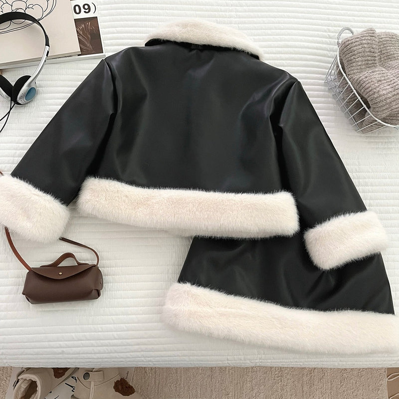 Winter Girls' Plush Patchwork Leather Jacket and Skirt Two-Piece Set