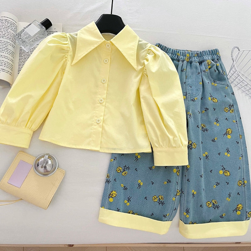 Girls' Autumn Floral Sweater Shirt and Jeans Three-Piece Set