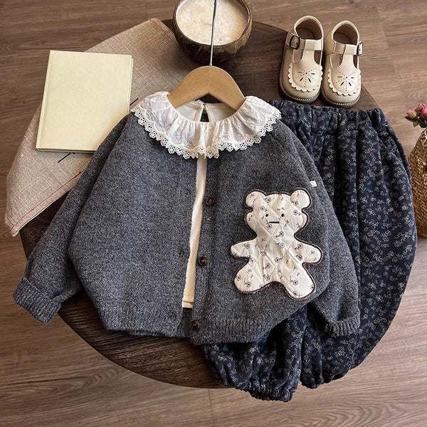Girls' New Knitted Cardigan Top and Pants Three-piece Set