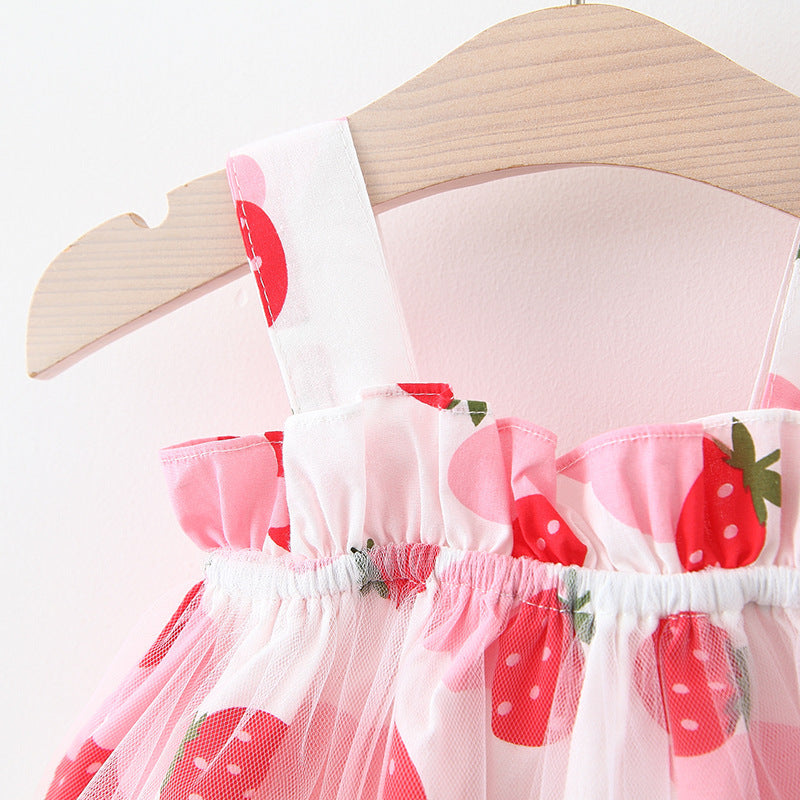 Cute Printed Suspender Mesh Dress
