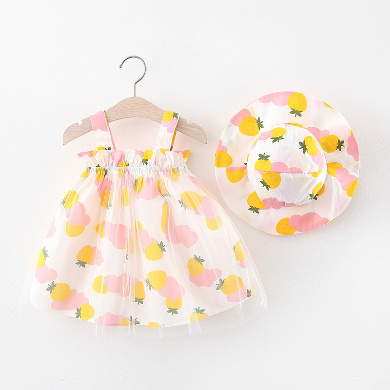 Cute Printed Suspender Mesh Dress