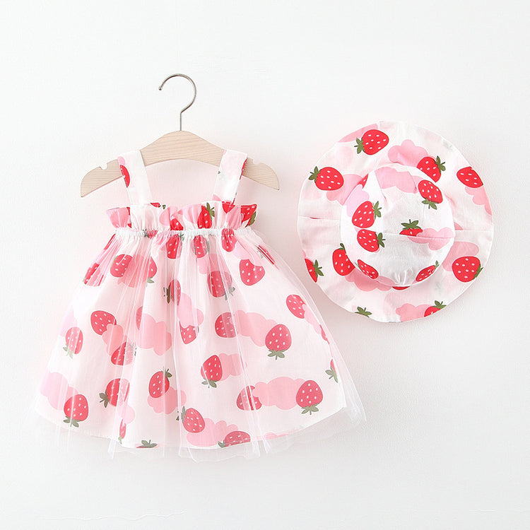 Cute Printed Suspender Mesh Dress