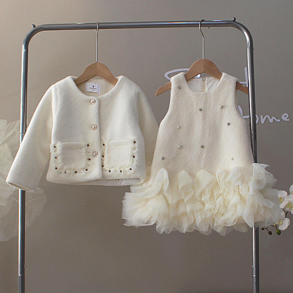 Girls Dress Set Girl Coat Bow Princess Dress Vest Dress