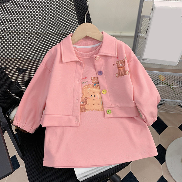 Cute Baby Girl Bear Cardigan Dress Two-piece Set