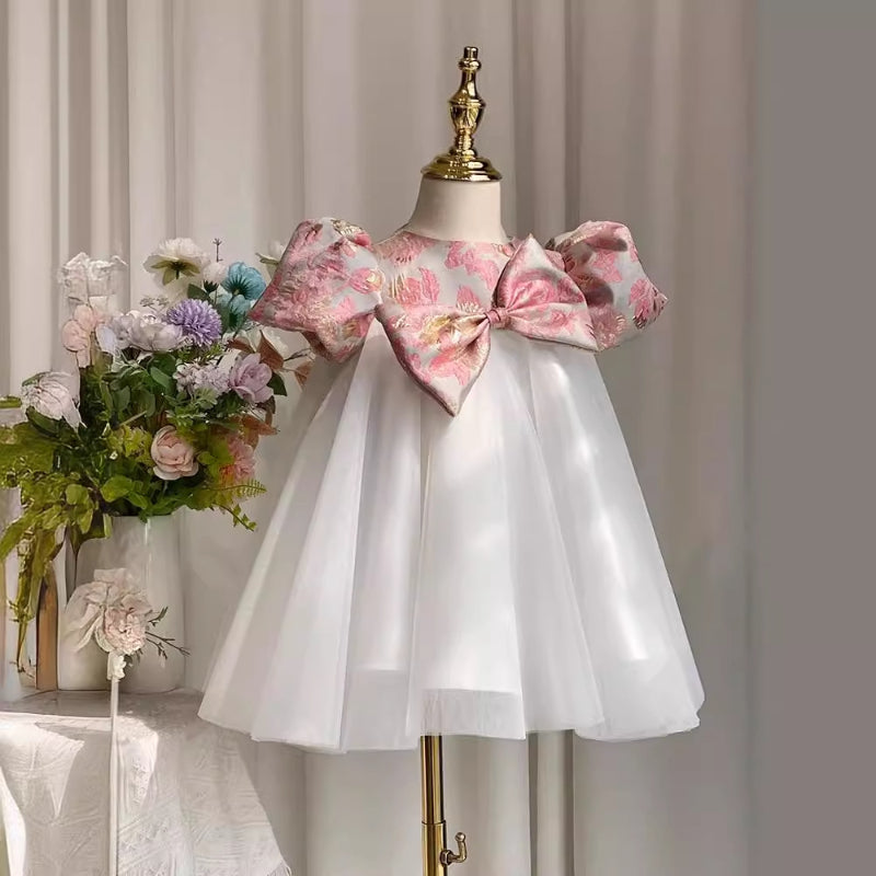 white gauzy dress Cute Baby Bow Floral High Waist White Gauze Dress Toddler Party Dresses