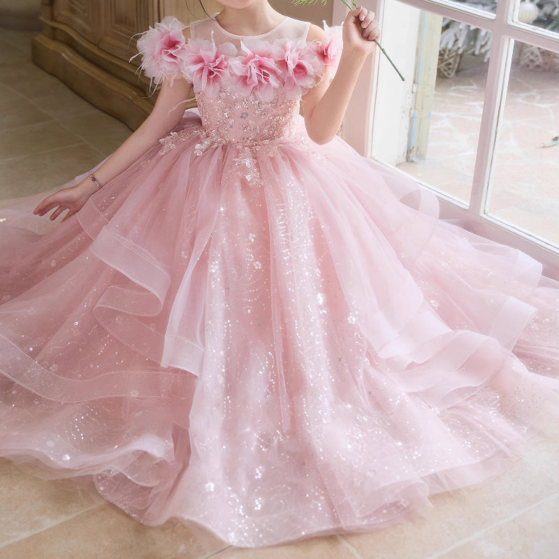 Pink Girls Birthday Dress Flower Girl Puff Dress Children's Party Dress