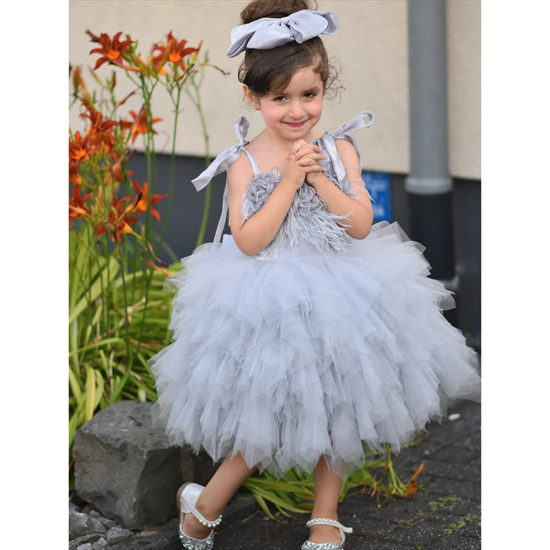Girls Gray Birthday Dress Flower Girl Cute Princess Dress