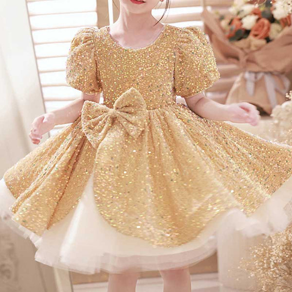 Cute Girls Gold Sequined Piano Performance Birthday Party Princess Dress