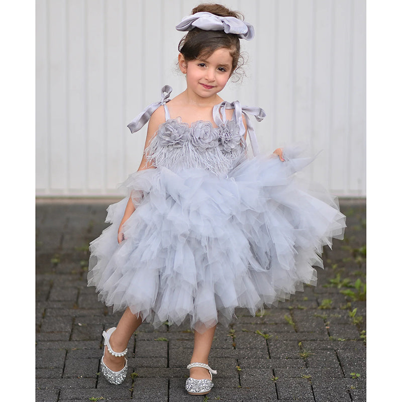 Girls Gray Birthday Dress Flower Girl Cute Princess Dress