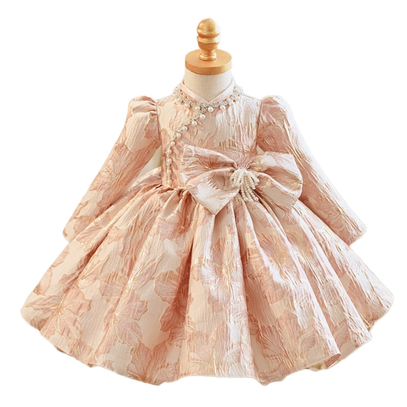 Elegant Baby Pearl Plate Button Bow Pattern Princess Dress Toddler Ball Gowns Pageant Dresses