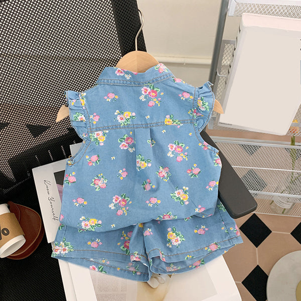 Sweet Baby Girl Floral Denim Butterfly Sleeve Top and Shorts Two-piece Set