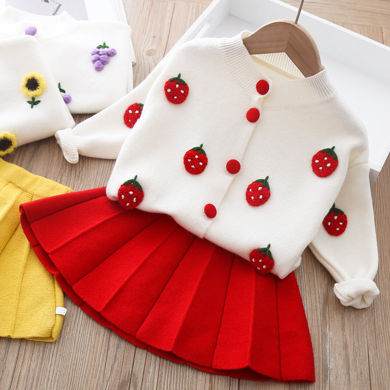 Cute Girls Winter Sweater Knitted Fruit Dress Children's Two-piece Dress