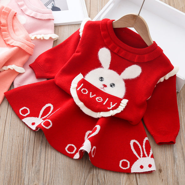 Cute Baby Girl Bunny Christmas Two Piece Sweater Dress