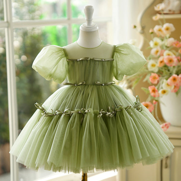 Elegant Baby Girls Green Mesh Party Dresses Toddler Baptism Dresses