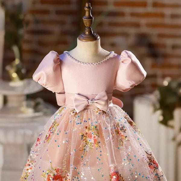 Elegant Baby Girls Pink Waist Bow Puff Princess Dress Toddler Birthday Sequined Dress