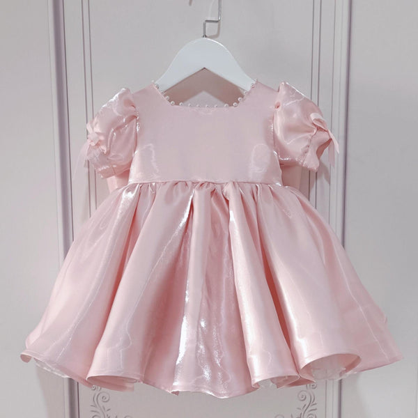 Elegant Baby Girls Dress Satin Pink Tutu Christening Dress Toddler Birthday Party Princess Dress
