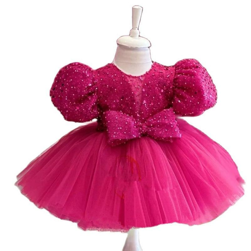 Elegant Baby Girls Purple Puff Sleeve Bow Puff Dress Toddler Prom Dress