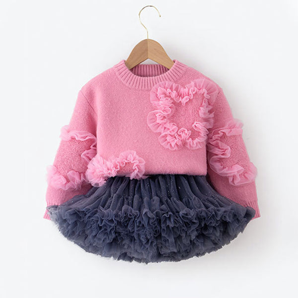 Cute Baby Girl Pink Embroidered Sweater Pleated Skirt Two-piece Set
