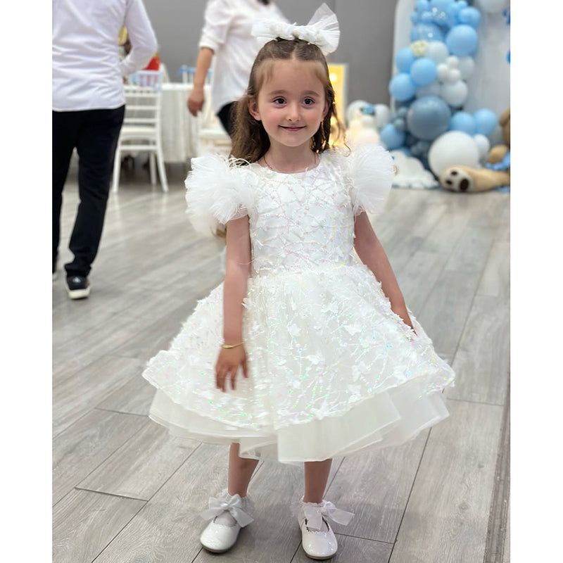 Girls Birthday White Butterfly Dress Girls Sequined Puffy Princess Dress
