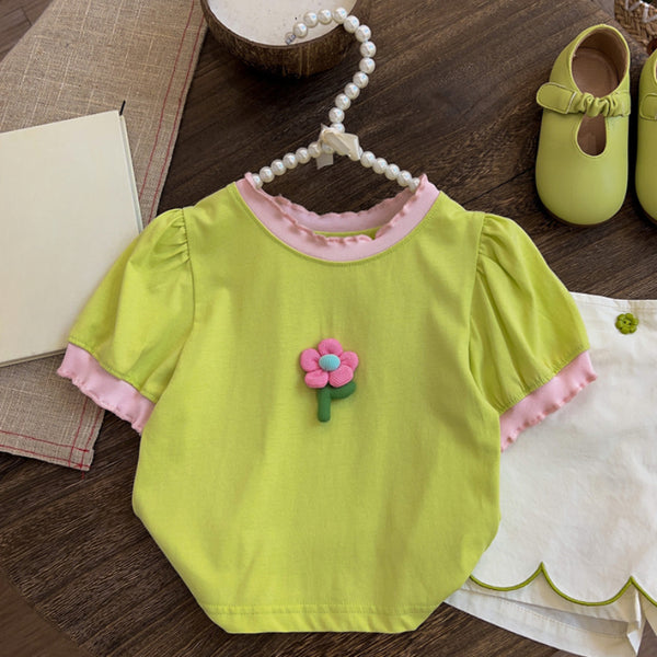 Girls Summer Flower Contrast Color Top