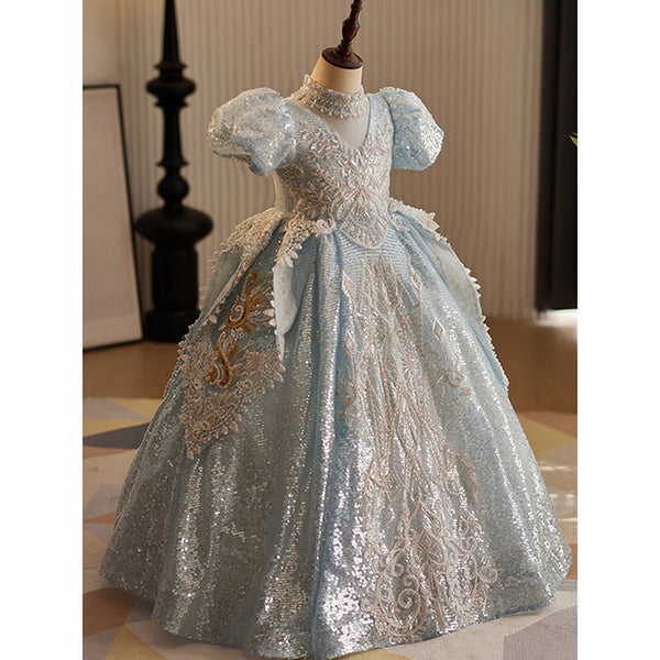 Elegant Baby Girls Light Blue Hollow Sequin Pattern Long Skirt Toddler Birthday Evening Dress