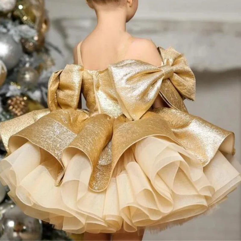 Girls Gold Satin Birthday Dress Baby Baptism Princess Dress