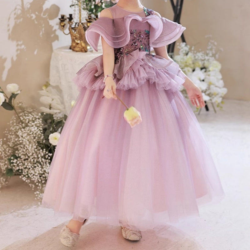 Flower Girl Dress Children Formal Pageant Purple Flower Fluffy Cute Princess Dress, Purple / 4-5 Years (120cm)