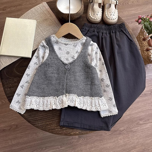 Girls' Autumn Knitted T-shirt Vest Pants Three-piece Set