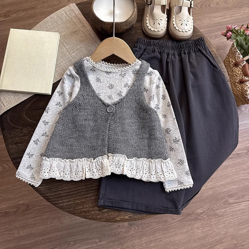 Girls' Autumn Knitted T-shirt Vest Pants Three-piece Set