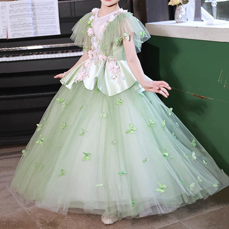 Elegant Baby Girls Green Floral Puff Sleeve Evening Dress Toddler Flower Girl Dresses