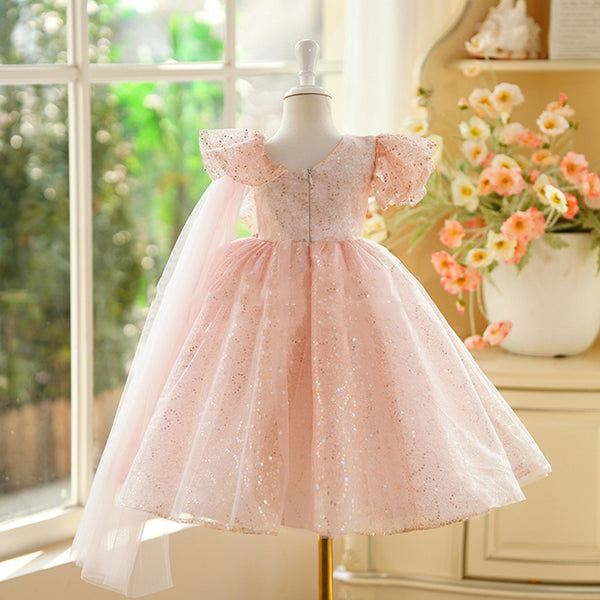 Elegant Baby Girls Pink Sequin Mesh Birthday Evening Dress Toddler Formal Dress
