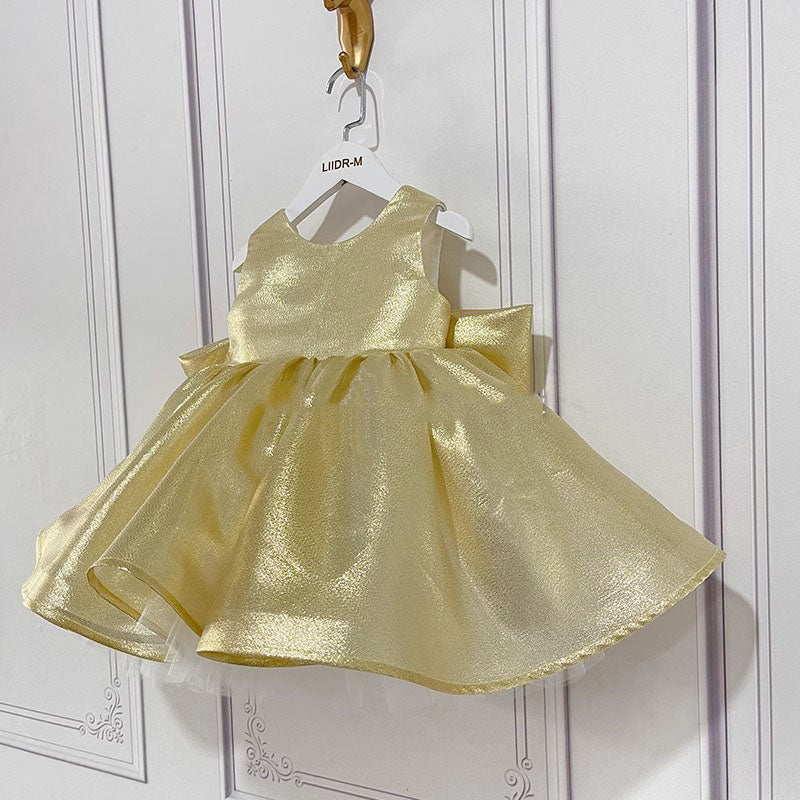 Baby Girl Gold Shiny Sleeveless Bow-knot Pageant Princess Dress