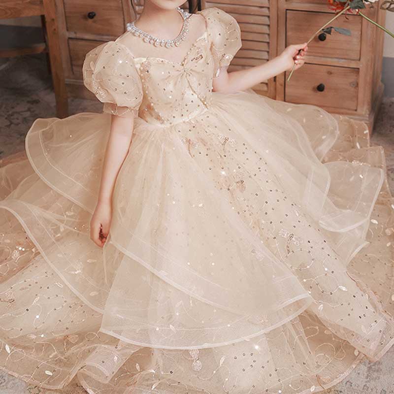 Cute Baby Girl Birthday Party Dress Beaded Bow Princess Dress