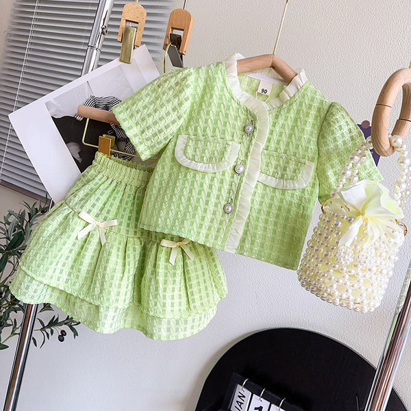 Cute Girls Green Checkered Top and Skirt Two-piece Set