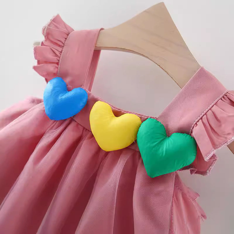 Cute Baby Girl Colorful Love Mesh Dress