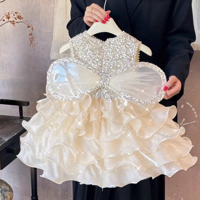 Girls Cute Birthday Dress Baby Party Princess Dress, Beige / 4-5 Years (120cm)