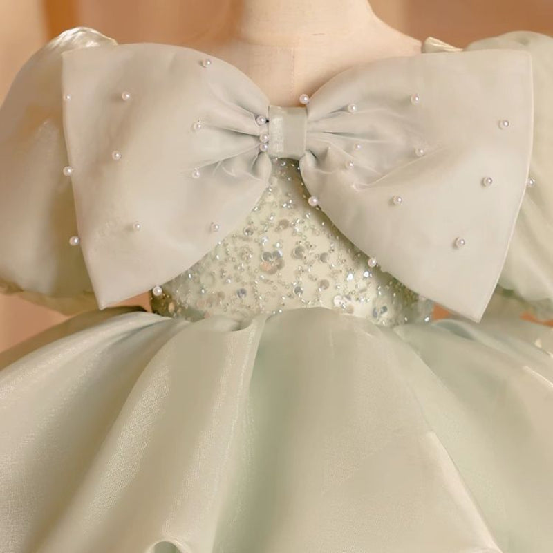 Elegant Baby Girls Green Puff Sleeve Beauty Pageant Dress Toddler Birthday Costume Princess Dress