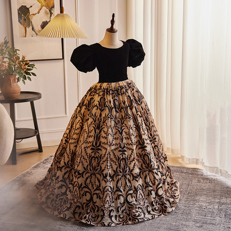 Elegant Baby Girls Black and Gold Puff Sleeve Pattern Princess Dress Toddler Prom Dress