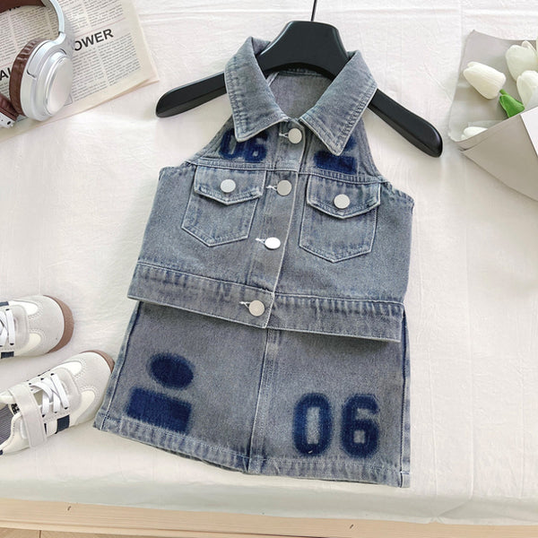Summer Girls Soft Denim Vest Short Skirt Two-piece Set