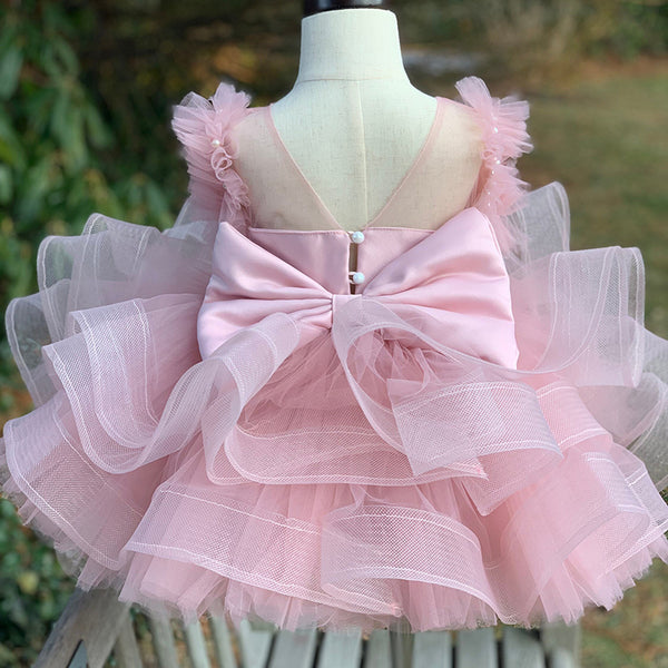 Girls Pearl Dress Pink Birthday Girl Dress Toddler Fluffy Princess Dress