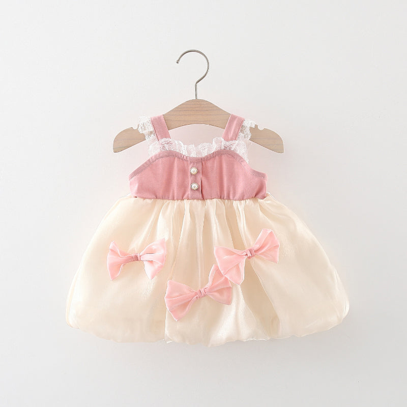 Baby Girl Bow Stitching Color Contrast Cute Dress