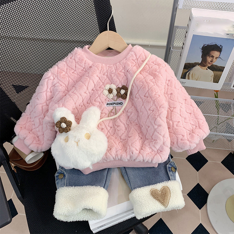 Cute Girls' Plush Bunny Two-piece Sweater and Jeans Set