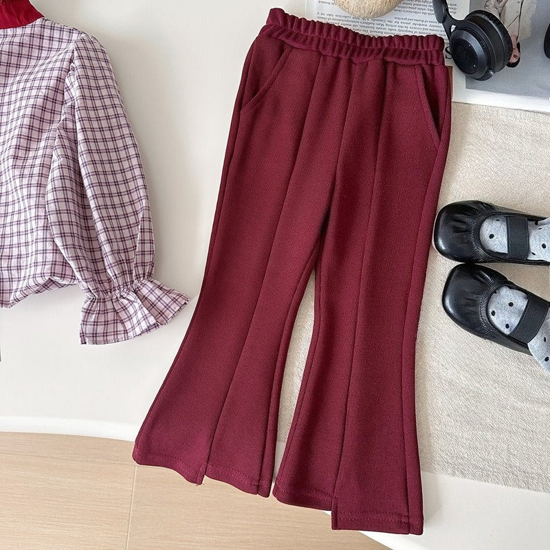Girls' Stand Collar Plaid Babydoll Shirt and Flared Pants Two-Piece Set
