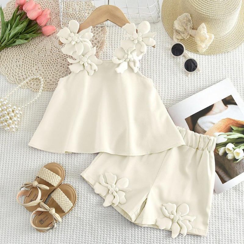 Girls' Summer 3D Floral Camisole Shorts Two-Piece Set